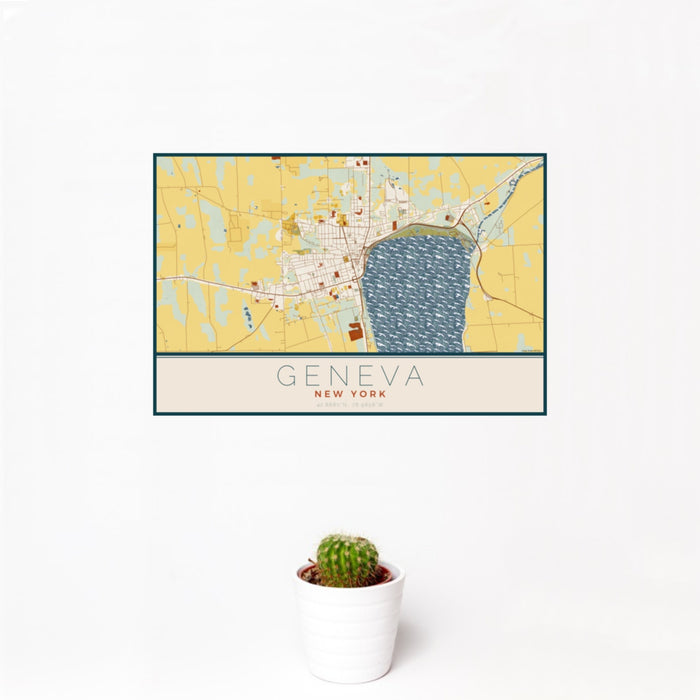 12x18 Geneva New York Map Print Landscape Orientation in Woodblock Style With Small Cactus Plant in White Planter
