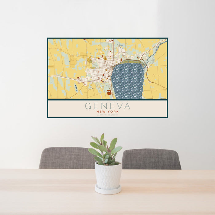 24x36 Geneva New York Map Print Landscape Orientation in Woodblock Style Behind 2 Chairs Table and Potted Plant