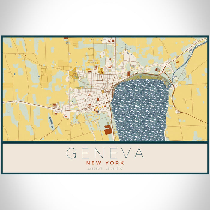 Geneva New York Map Print Landscape Orientation in Woodblock Style With Shaded Background