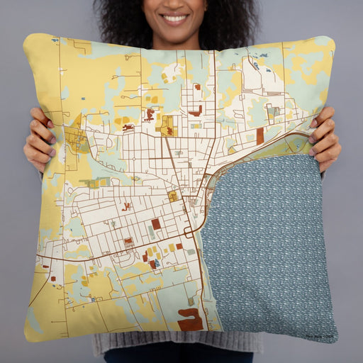 Person holding 22x22 Custom Geneva New York Map Throw Pillow in Woodblock