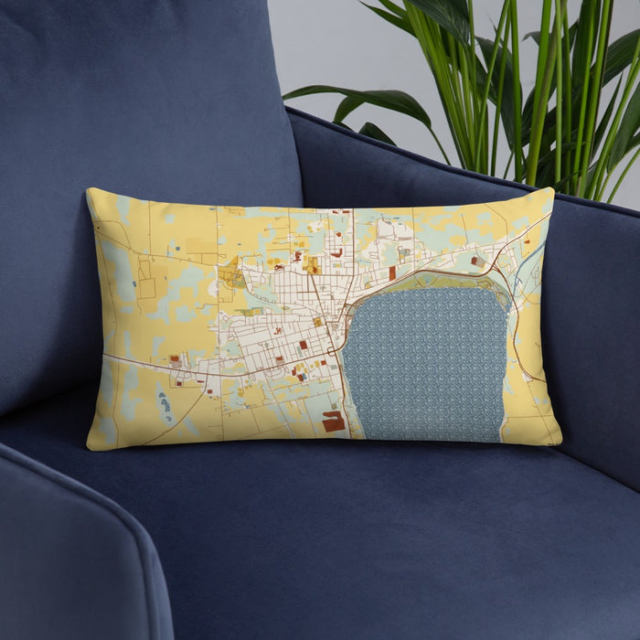 Custom Geneva New York Map Throw Pillow in Woodblock on Blue Colored Chair