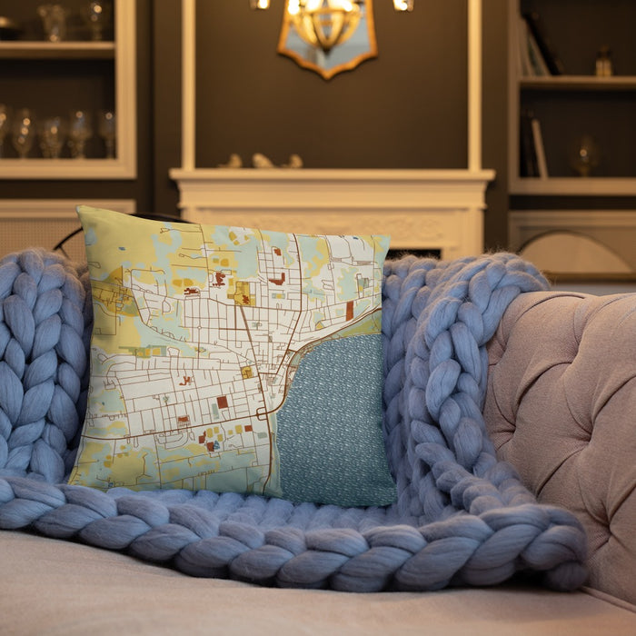 Custom Geneva New York Map Throw Pillow in Woodblock on Cream Colored Couch