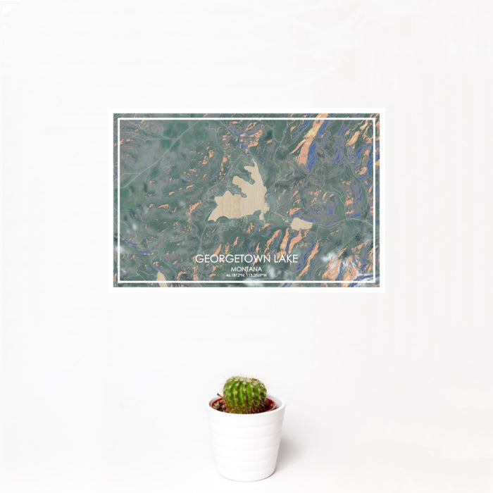12x18 Georgetown Lake Montana Map Print Landscape Orientation in Afternoon Style With Small Cactus Plant in White Planter