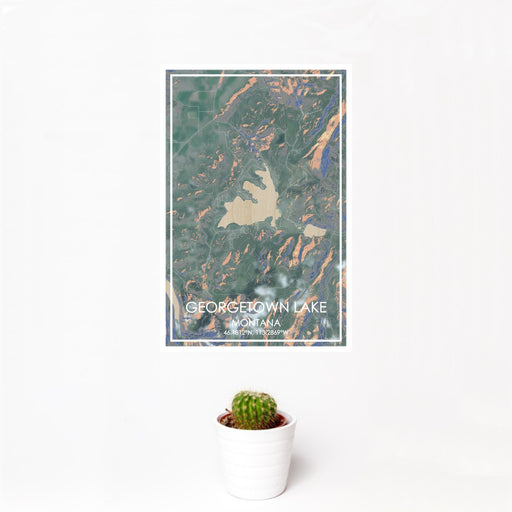 12x18 Georgetown Lake Montana Map Print Portrait Orientation in Afternoon Style With Small Cactus Plant in White Planter