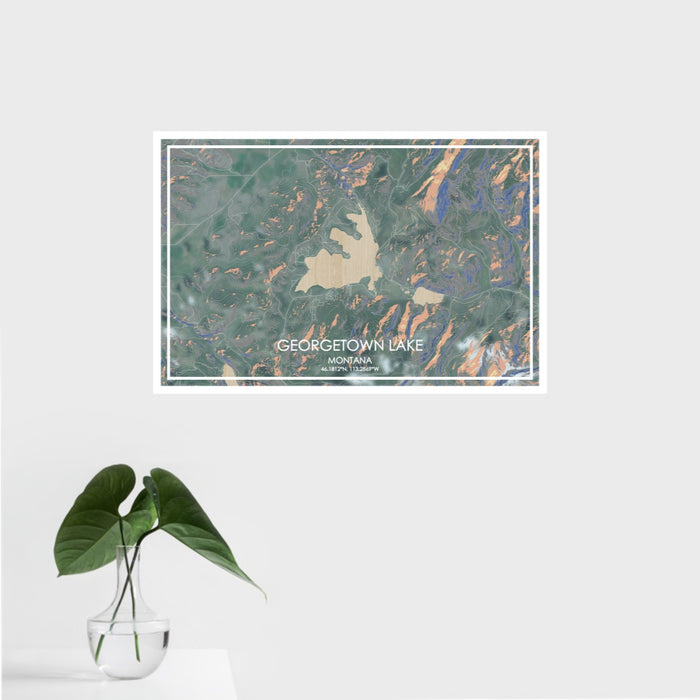 16x24 Georgetown Lake Montana Map Print Landscape Orientation in Afternoon Style With Tropical Plant Leaves in Water