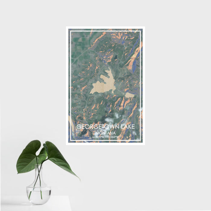 16x24 Georgetown Lake Montana Map Print Portrait Orientation in Afternoon Style With Tropical Plant Leaves in Water