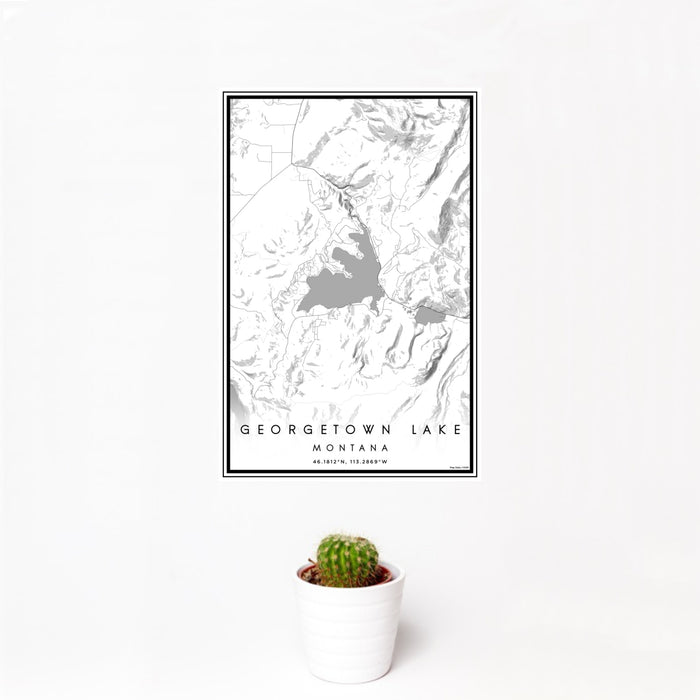 12x18 Georgetown Lake Montana Map Print Portrait Orientation in Classic Style With Small Cactus Plant in White Planter