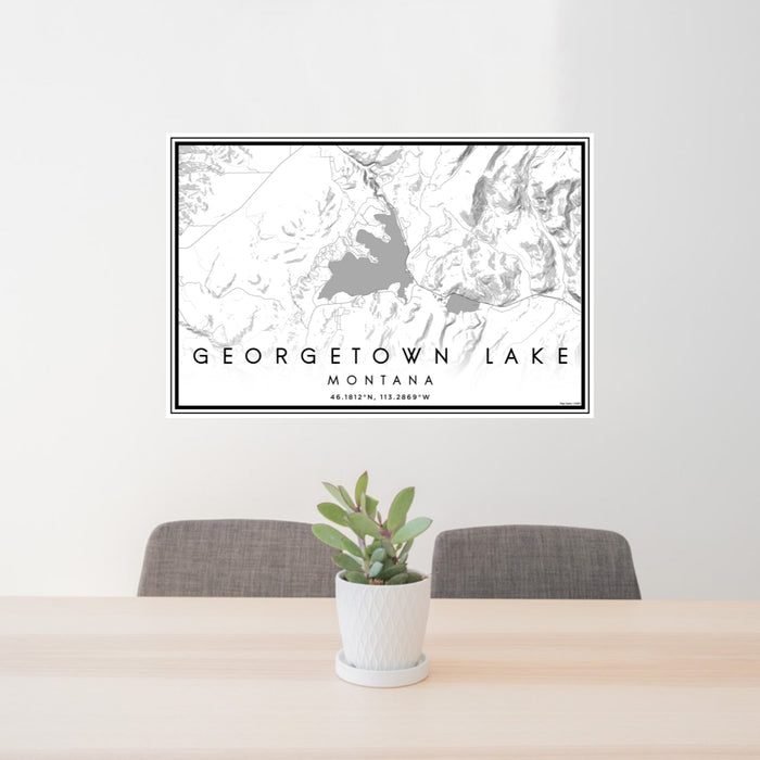 24x36 Georgetown Lake Montana Map Print Landscape Orientation in Classic Style Behind 2 Chairs Table and Potted Plant