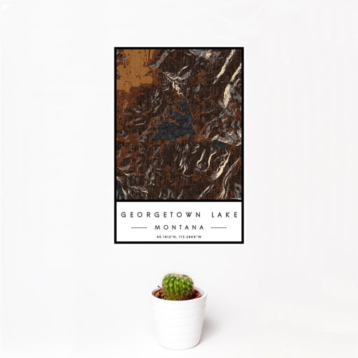 12x18 Georgetown Lake Montana Map Print Portrait Orientation in Ember Style With Small Cactus Plant in White Planter
