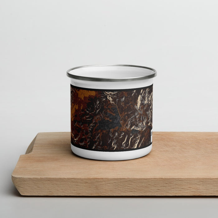 Front View Custom Georgetown Lake Montana Map Enamel Mug in Ember on Cutting Board