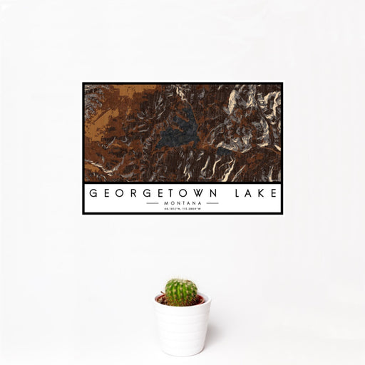 12x18 Georgetown Lake Montana Map Print Landscape Orientation in Ember Style With Small Cactus Plant in White Planter