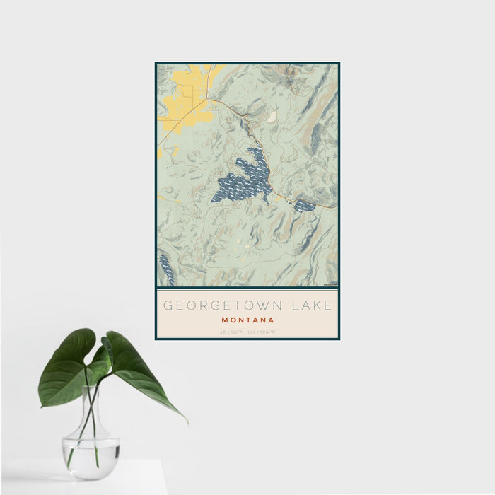 16x24 Georgetown Lake Montana Map Print Portrait Orientation in Woodblock Style With Tropical Plant Leaves in Water