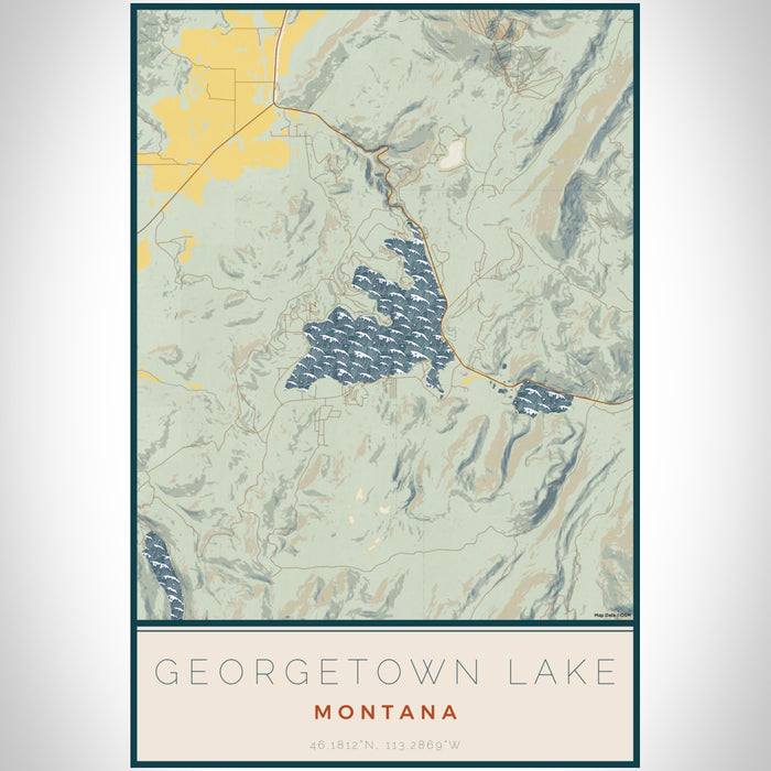 Georgetown Lake Montana Map Print Portrait Orientation in Woodblock Style With Shaded Background