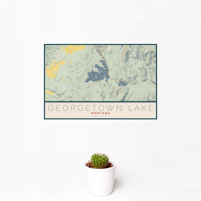 12x18 Georgetown Lake Montana Map Print Landscape Orientation in Woodblock Style With Small Cactus Plant in White Planter