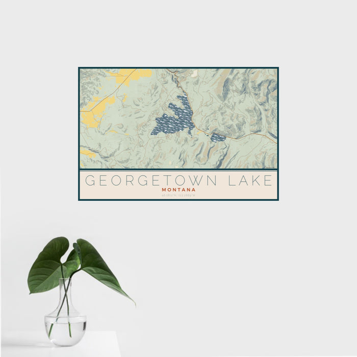 16x24 Georgetown Lake Montana Map Print Landscape Orientation in Woodblock Style With Tropical Plant Leaves in Water
