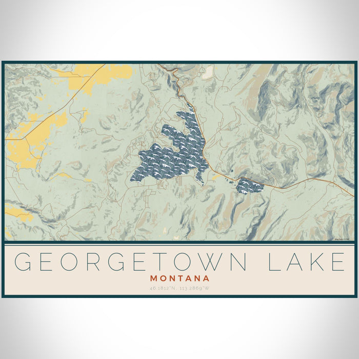 Georgetown Lake Montana Map Print Landscape Orientation in Woodblock Style With Shaded Background