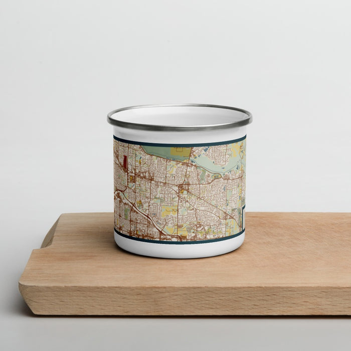 Front View Custom Germantown Tennessee Map Enamel Mug in Woodblock on Cutting Board