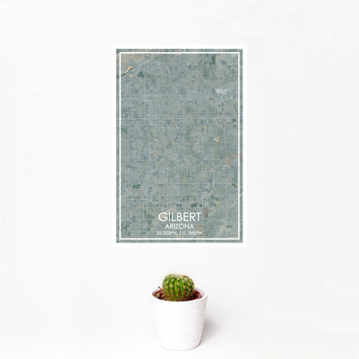 12x18 Gilbert Arizona Map Print Portrait Orientation in Afternoon Style With Small Cactus Plant in White Planter