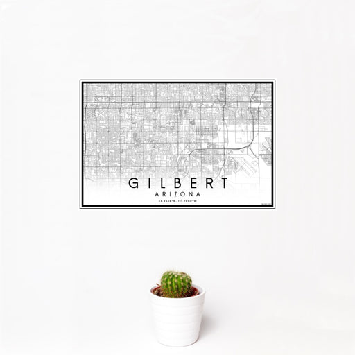 12x18 Gilbert Arizona Map Print Landscape Orientation in Classic Style With Small Cactus Plant in White Planter