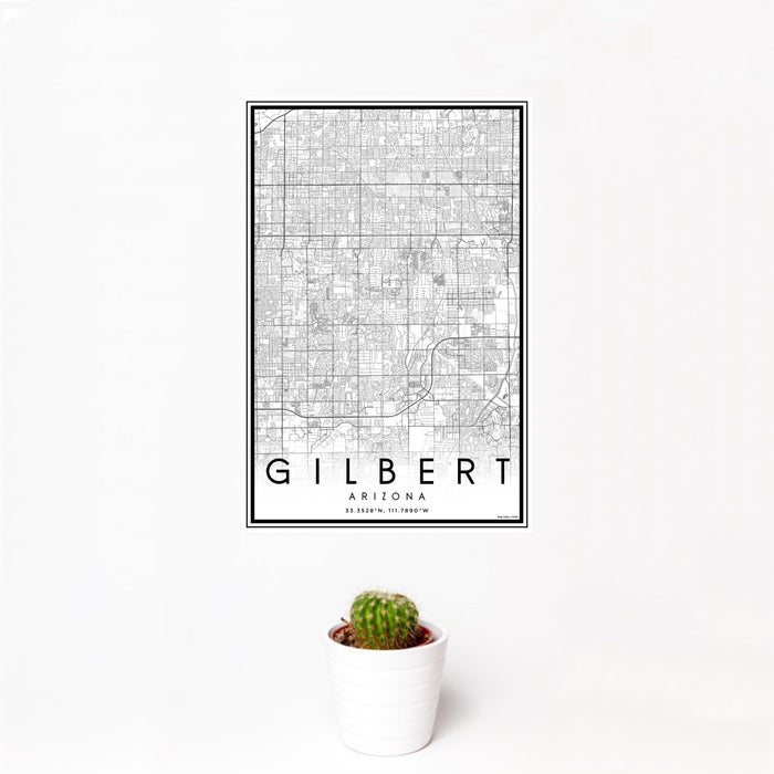 12x18 Gilbert Arizona Map Print Portrait Orientation in Classic Style With Small Cactus Plant in White Planter