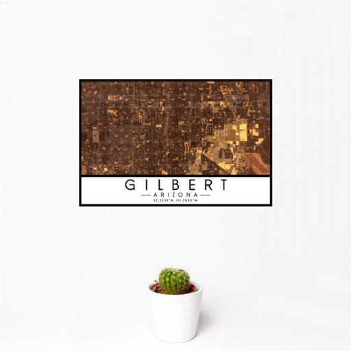12x18 Gilbert Arizona Map Print Landscape Orientation in Ember Style With Small Cactus Plant in White Planter