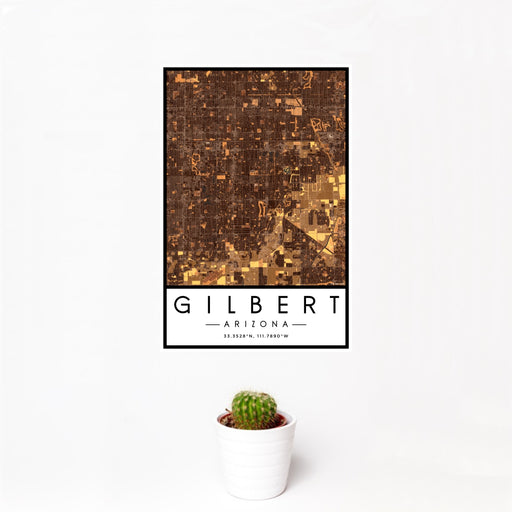 12x18 Gilbert Arizona Map Print Portrait Orientation in Ember Style With Small Cactus Plant in White Planter