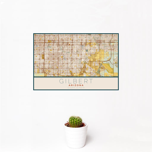 12x18 Gilbert Arizona Map Print Landscape Orientation in Woodblock Style With Small Cactus Plant in White Planter