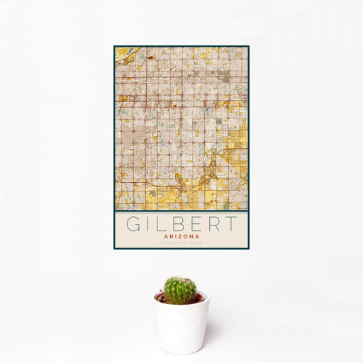 12x18 Gilbert Arizona Map Print Portrait Orientation in Woodblock Style With Small Cactus Plant in White Planter
