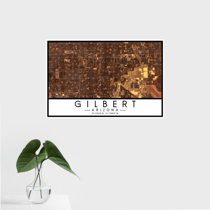 16x24 Gilbert Arizona Map Print Landscape Orientation in Ember Style With Tropical Plant Leaves in Water