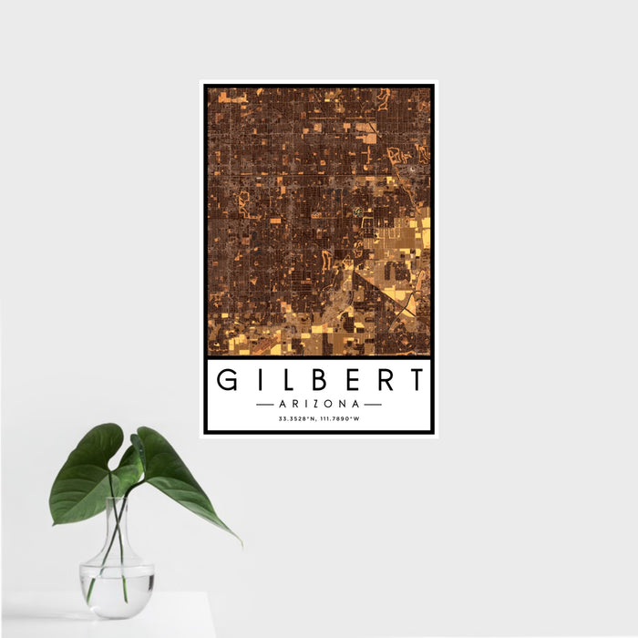 16x24 Gilbert Arizona Map Print Portrait Orientation in Ember Style With Tropical Plant Leaves in Water