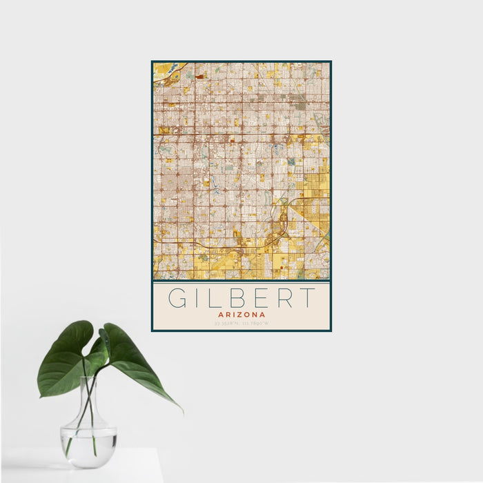 16x24 Gilbert Arizona Map Print Portrait Orientation in Woodblock Style With Tropical Plant Leaves in Water
