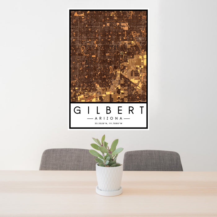 24x36 Gilbert Arizona Map Print Portrait Orientation in Ember Style Behind 2 Chairs Table and Potted Plant