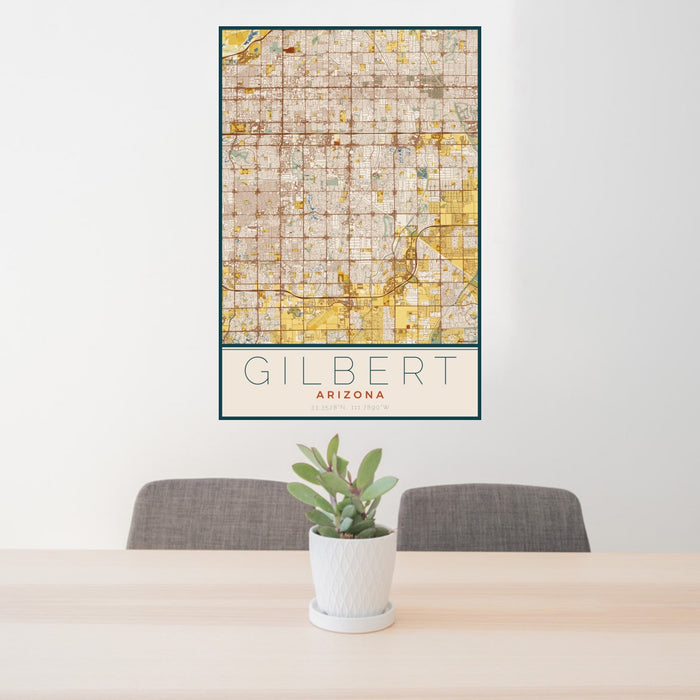 24x36 Gilbert Arizona Map Print Portrait Orientation in Woodblock Style Behind 2 Chairs Table and Potted Plant