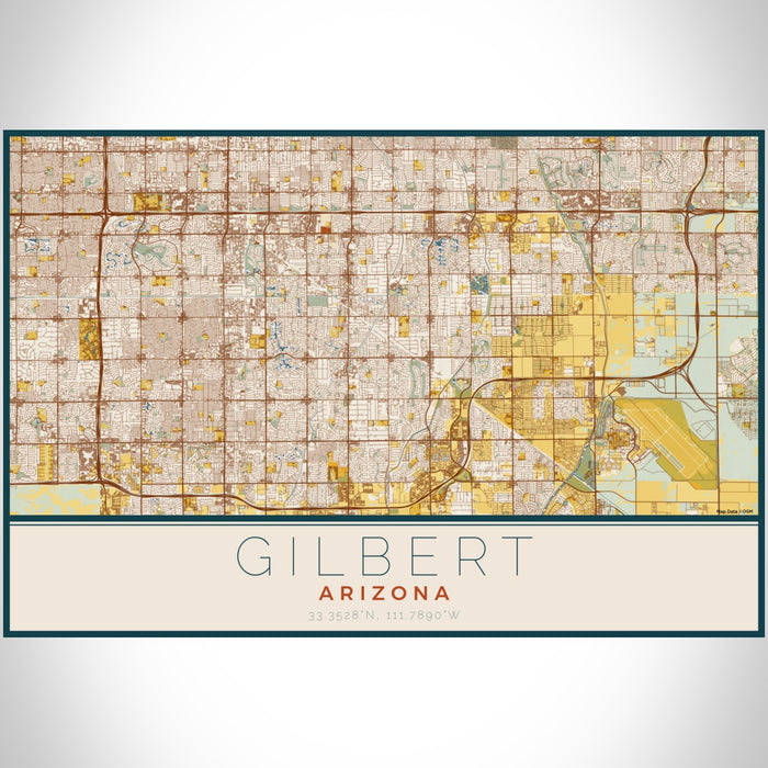 Gilbert Arizona Map Print Landscape Orientation in Woodblock Style With Shaded Background