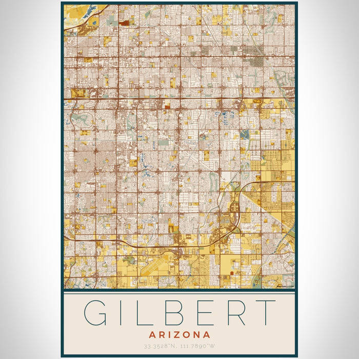 Gilbert Arizona Map Print Portrait Orientation in Woodblock Style With Shaded Background