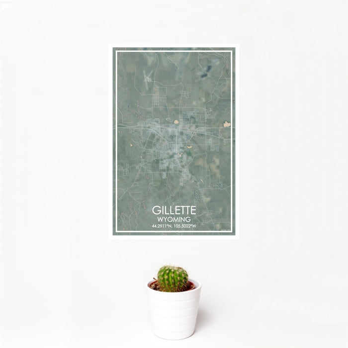 12x18 Gillette Wyoming Map Print Portrait Orientation in Afternoon Style With Small Cactus Plant in White Planter