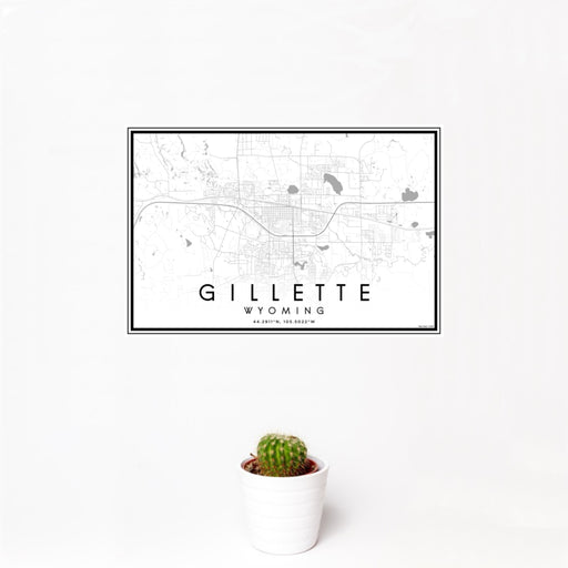 12x18 Gillette Wyoming Map Print Landscape Orientation in Classic Style With Small Cactus Plant in White Planter