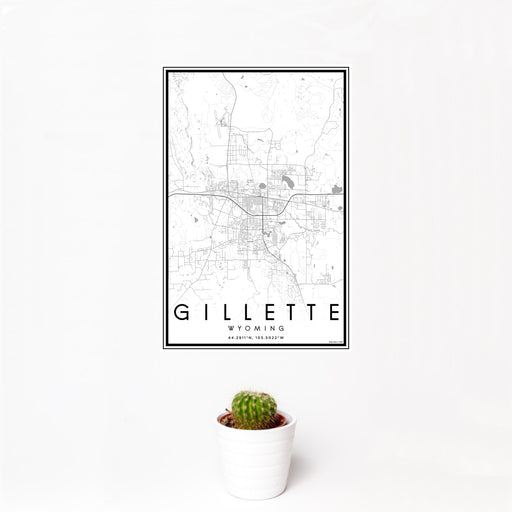 12x18 Gillette Wyoming Map Print Portrait Orientation in Classic Style With Small Cactus Plant in White Planter