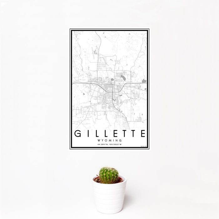 12x18 Gillette Wyoming Map Print Portrait Orientation in Classic Style With Small Cactus Plant in White Planter