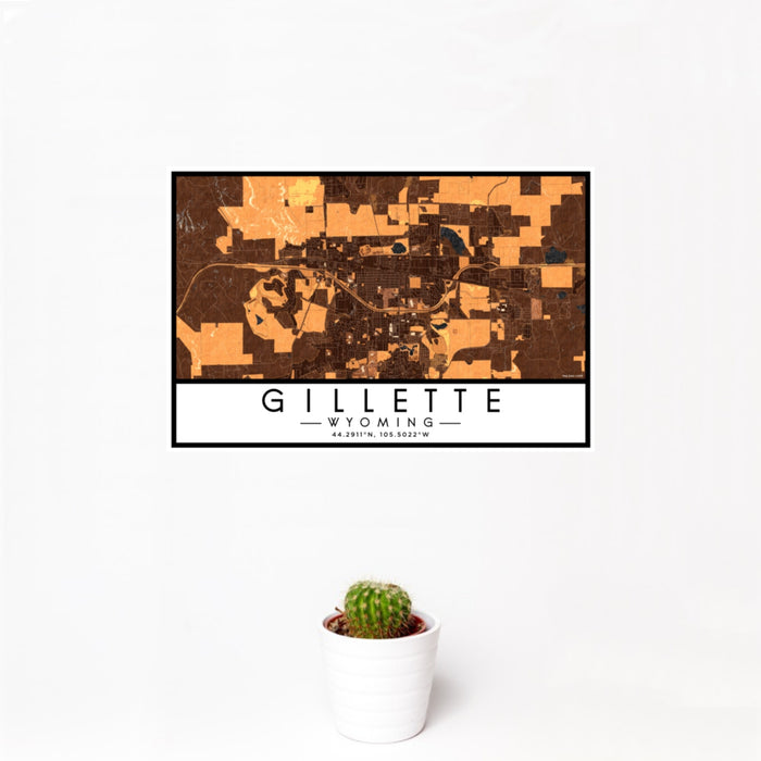 12x18 Gillette Wyoming Map Print Landscape Orientation in Ember Style With Small Cactus Plant in White Planter