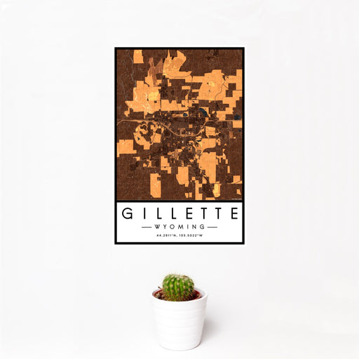 12x18 Gillette Wyoming Map Print Portrait Orientation in Ember Style With Small Cactus Plant in White Planter