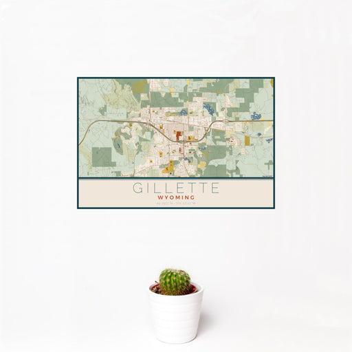 12x18 Gillette Wyoming Map Print Landscape Orientation in Woodblock Style With Small Cactus Plant in White Planter