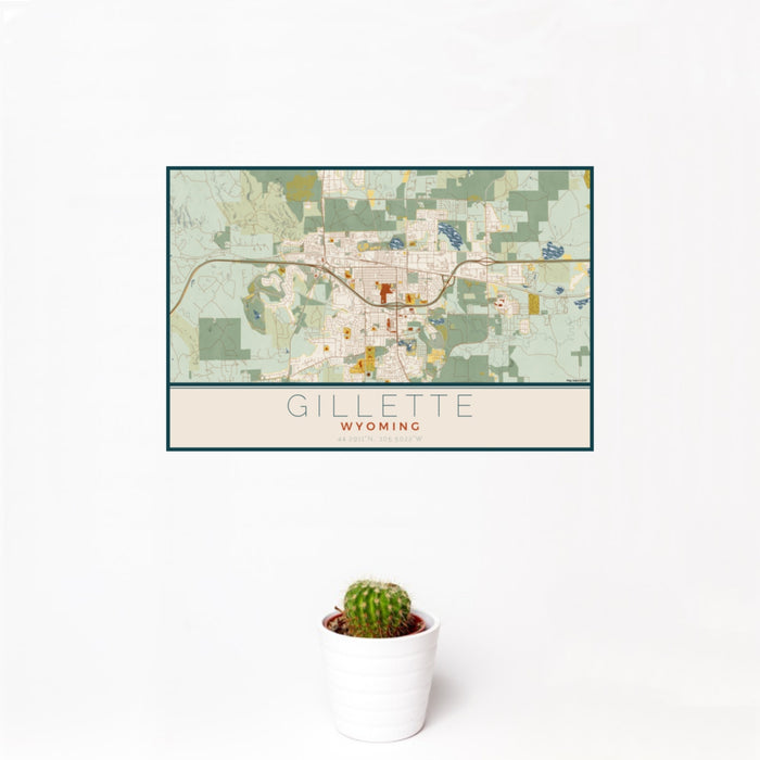 12x18 Gillette Wyoming Map Print Landscape Orientation in Woodblock Style With Small Cactus Plant in White Planter