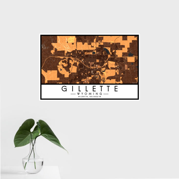 16x24 Gillette Wyoming Map Print Landscape Orientation in Ember Style With Tropical Plant Leaves in Water