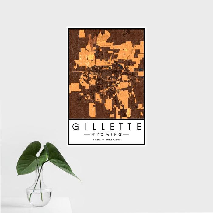 16x24 Gillette Wyoming Map Print Portrait Orientation in Ember Style With Tropical Plant Leaves in Water