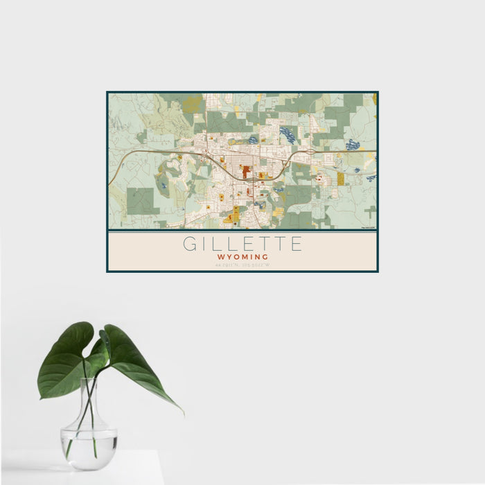 16x24 Gillette Wyoming Map Print Landscape Orientation in Woodblock Style With Tropical Plant Leaves in Water