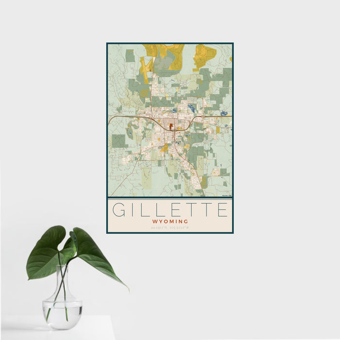 16x24 Gillette Wyoming Map Print Portrait Orientation in Woodblock Style With Tropical Plant Leaves in Water
