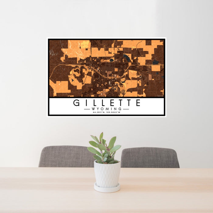24x36 Gillette Wyoming Map Print Lanscape Orientation in Ember Style Behind 2 Chairs Table and Potted Plant