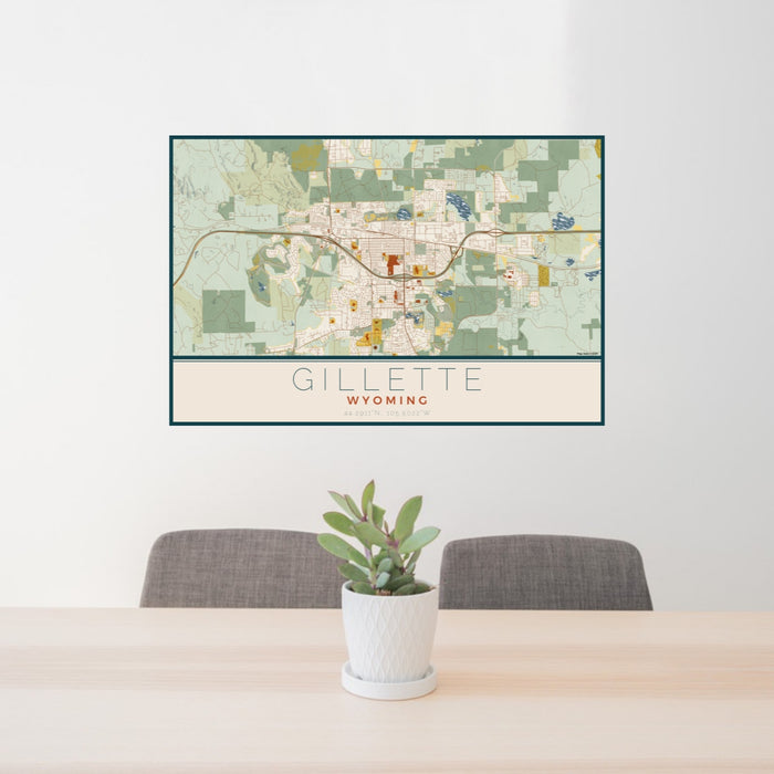 24x36 Gillette Wyoming Map Print Lanscape Orientation in Woodblock Style Behind 2 Chairs Table and Potted Plant