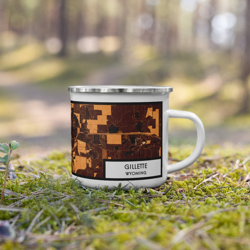 Right View Custom Gillette Wyoming Map Enamel Mug in Ember on Grass With Trees in Background